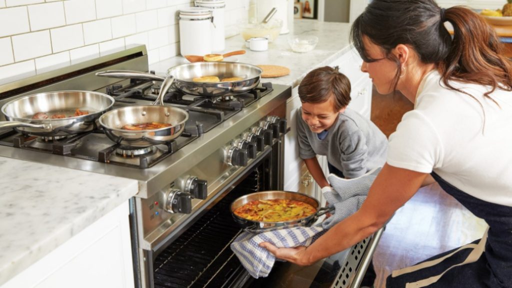 Mom and son baking a dish in the kitchen- Baking with kids