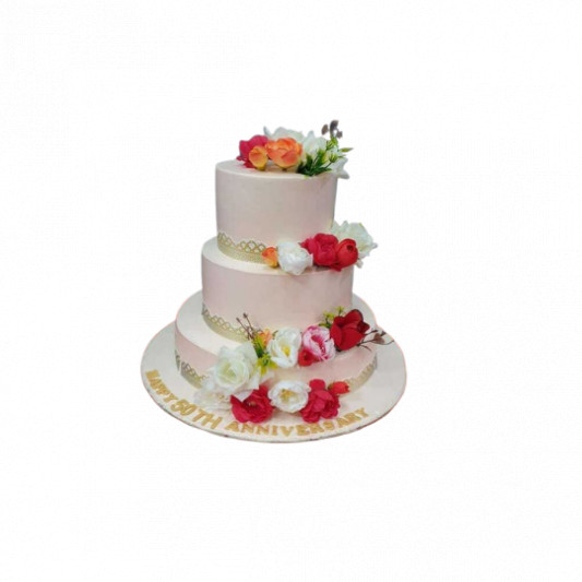 3 Tier 50th Anniversary Cake with Real Flower online delivery in Noida, Delhi, NCR, Gurgaon