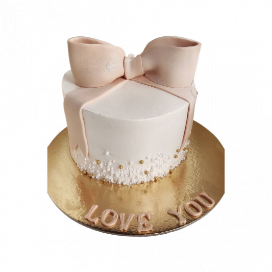 Tall Cream Cake with Pink Bow topper online delivery in Noida, Delhi, NCR, Gurgaon