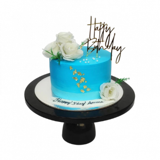 Blue Tall Cake With Fresh Flowers Decoration | bakehoney.com