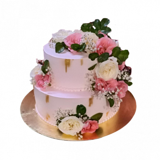 2 Tier Real Flowers Decorated Cake  online delivery in Noida, Delhi, NCR, Gurgaon