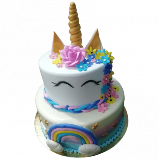 Birthday Cake For A Little Girl With Cute Fondant Fondant Unicorn, Flowers  And Rainbow Stock Photo, Picture and Royalty Free Image. Image 163901738.