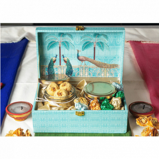 Gift Pack of Almond Rocks and Nan Khatai in Gorgeous Wooden Box with Beautiful Peacock Artwork online delivery in Noida, Delhi, NCR, Gurgaon