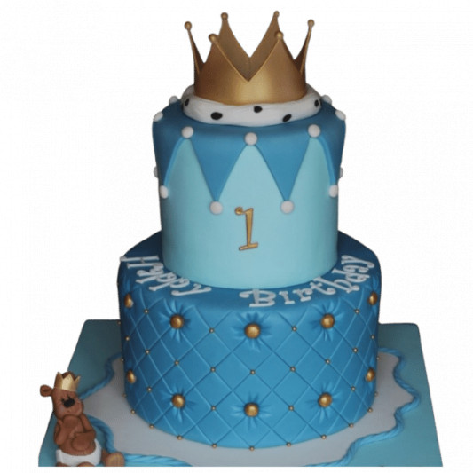 One Year Baby Boy Birthday Cake With Bear And Crown Topper online delivery in Noida, Delhi, NCR, Gurgaon