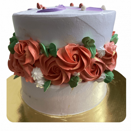 Floral Fault Line Cream Cake online delivery in Noida, Delhi, NCR, Gurgaon